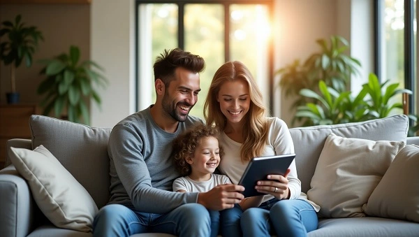 Familia viendo el plano 3D de su casa en un tablet