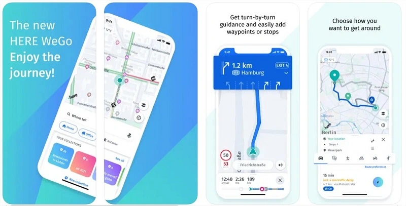 Schermata dell'app HERE WeGo con percorsi scaricati per la navigazione internazionale senza Internet